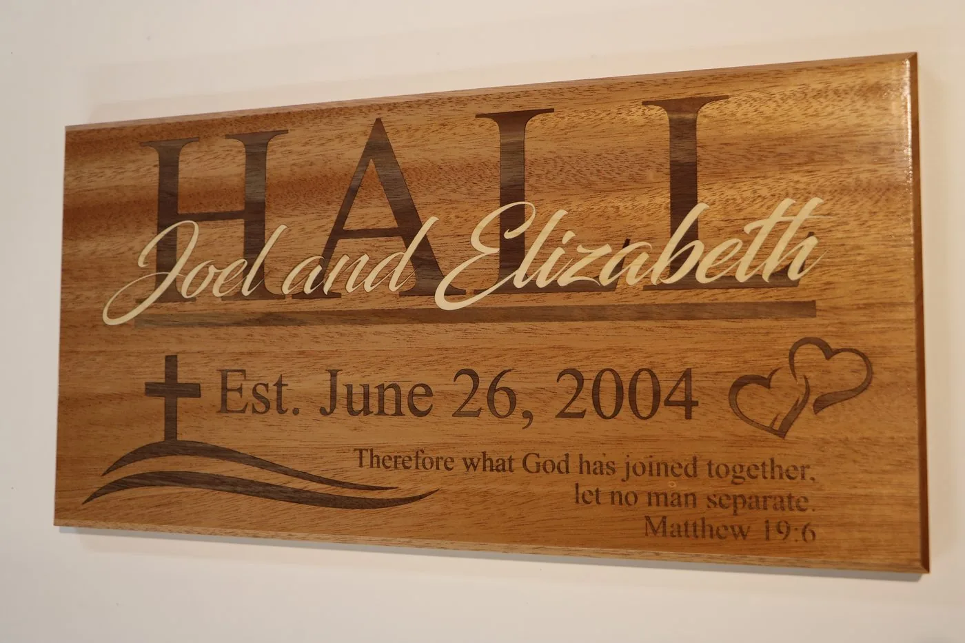 Hall family established sign, V-carved in hardwood