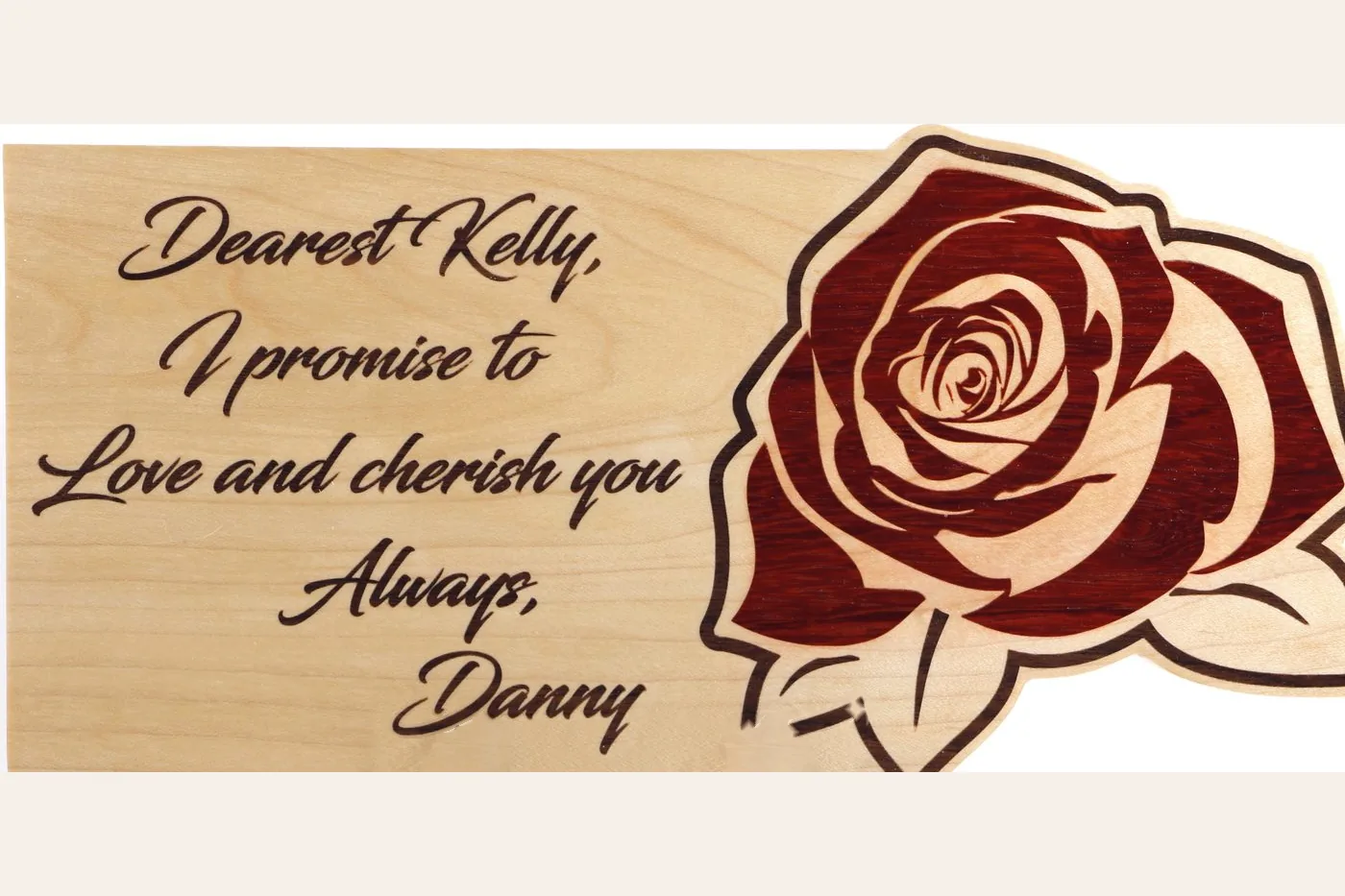 Rose inlay in red heart and maple with a hand-lettered message